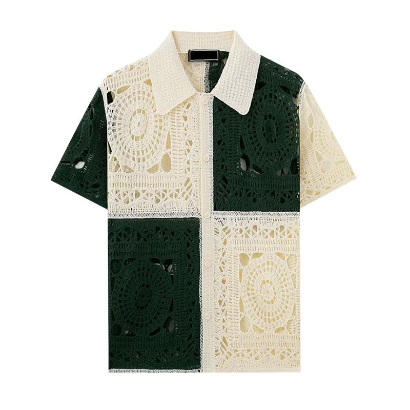 Heritage Crochet Colour-Block Shirt – Forest Green & Cream