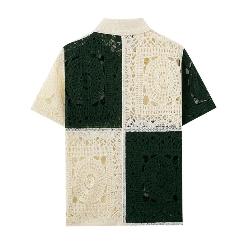 Heritage Crochet Colour-Block Shirt – Forest Green & Cream