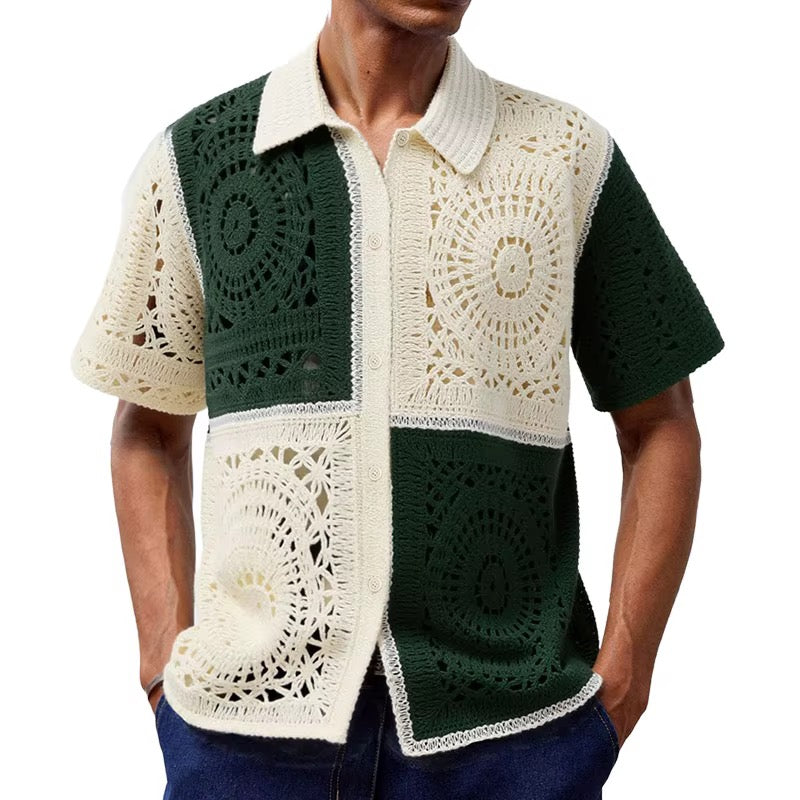 Heritage Crochet Colour-Block Shirt – Forest Green & Cream