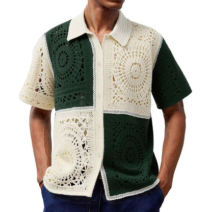 Heritage Crochet Colour-Block Shirt – Forest Green & Cream