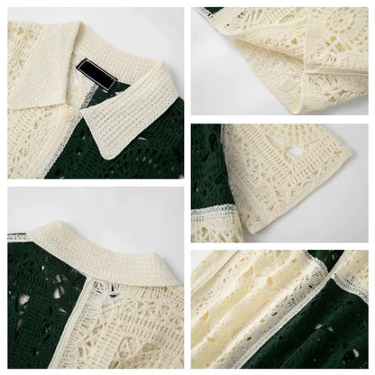 Heritage Crochet Colour-Block Shirt – Forest Green & Cream