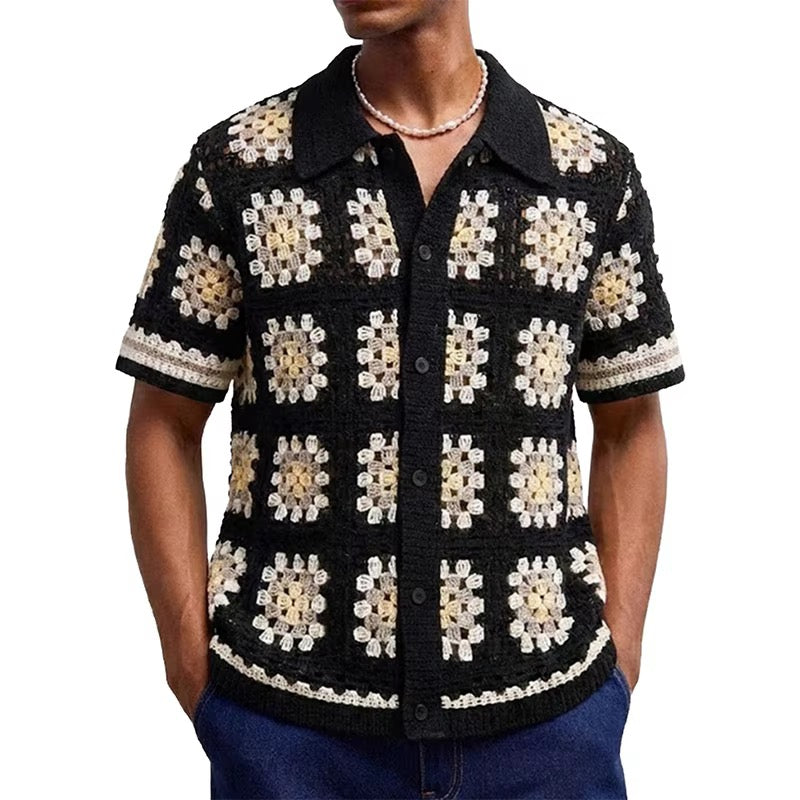Midnight Mosaic Crochet Shirt – Black & Cream