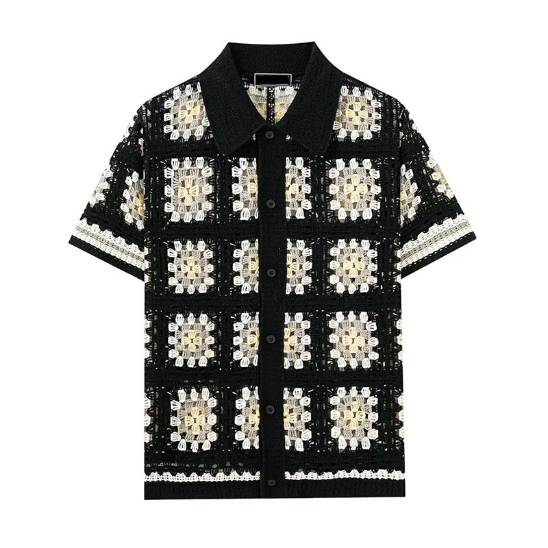 Midnight Mosaic Crochet Shirt – Black & Cream