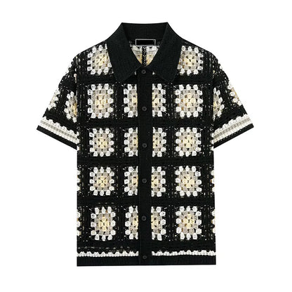 Midnight Mosaic Crochet Shirt – Black & Cream