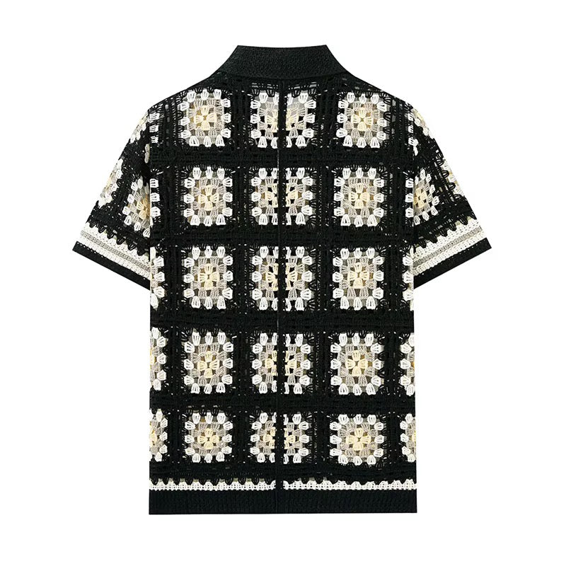 Midnight Mosaic Crochet Shirt – Black & Cream