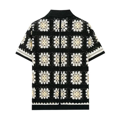 Midnight Mosaic Crochet Shirt – Black & Cream