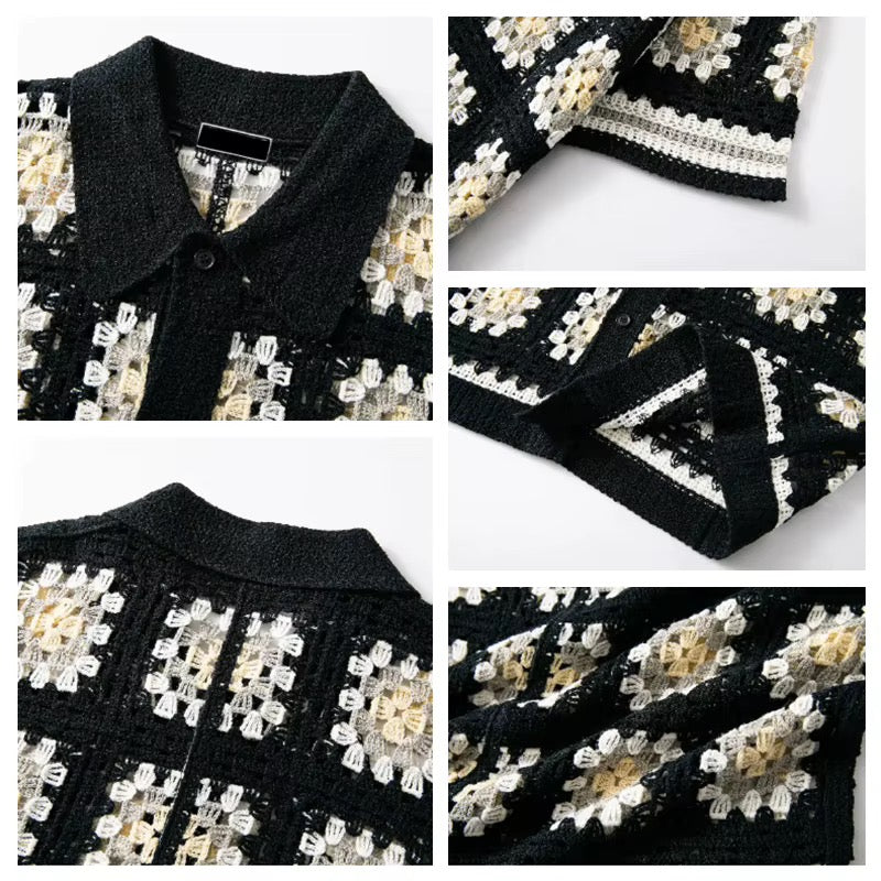 Midnight Mosaic Crochet Shirt – Black & Cream