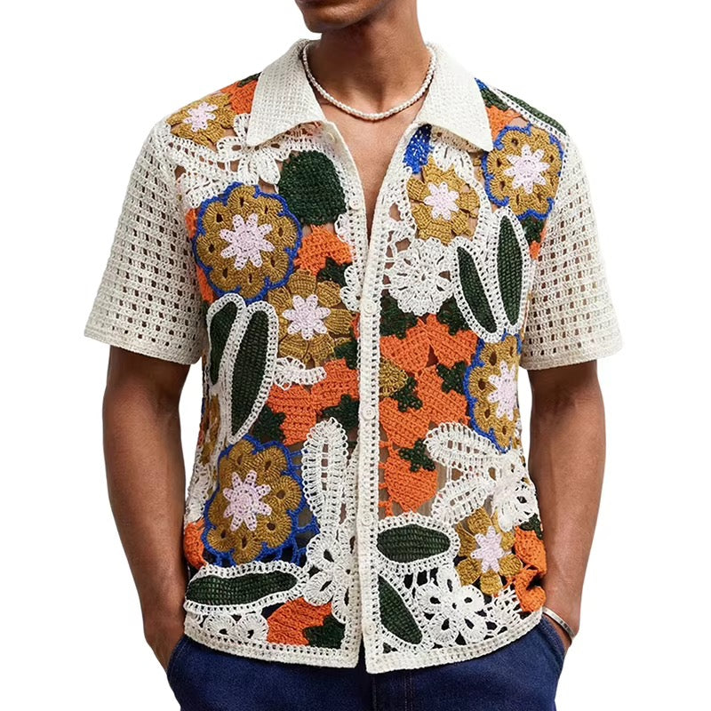 Botanical Mosaic Crochet Shirt – Cream Multi