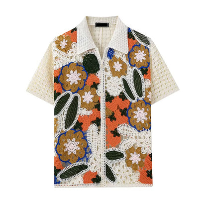Botanical Mosaic Crochet Shirt – Cream Multi