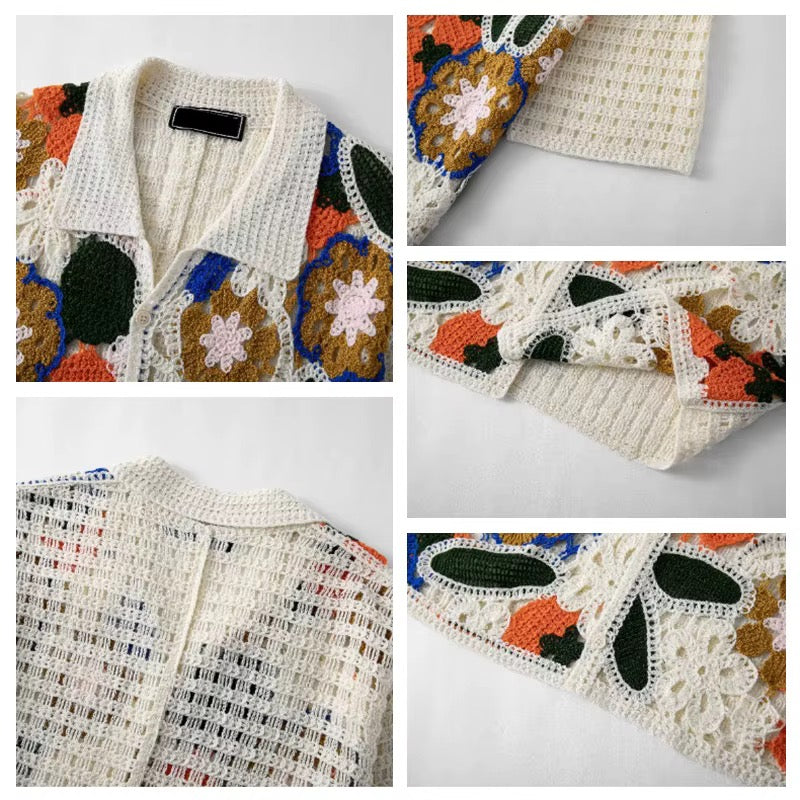 Botanical Mosaic Crochet Shirt – Cream Multi