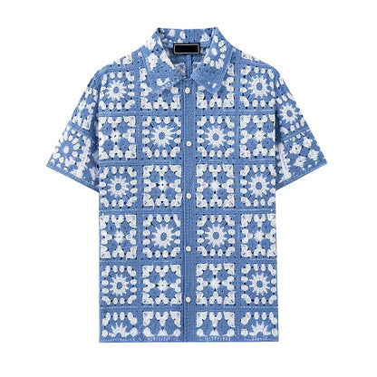 Sky Mosaic Crochet Shirt – Blue & White