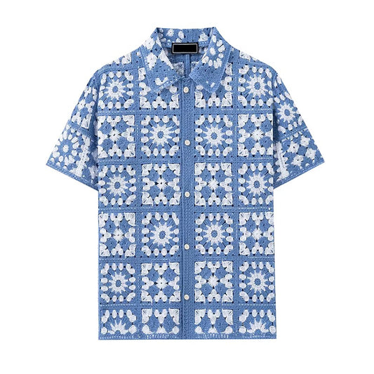 Sky Mosaic Crochet Shirt – Blue & White