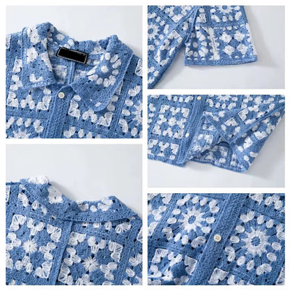 Sky Mosaic Crochet Shirt – Blue & White
