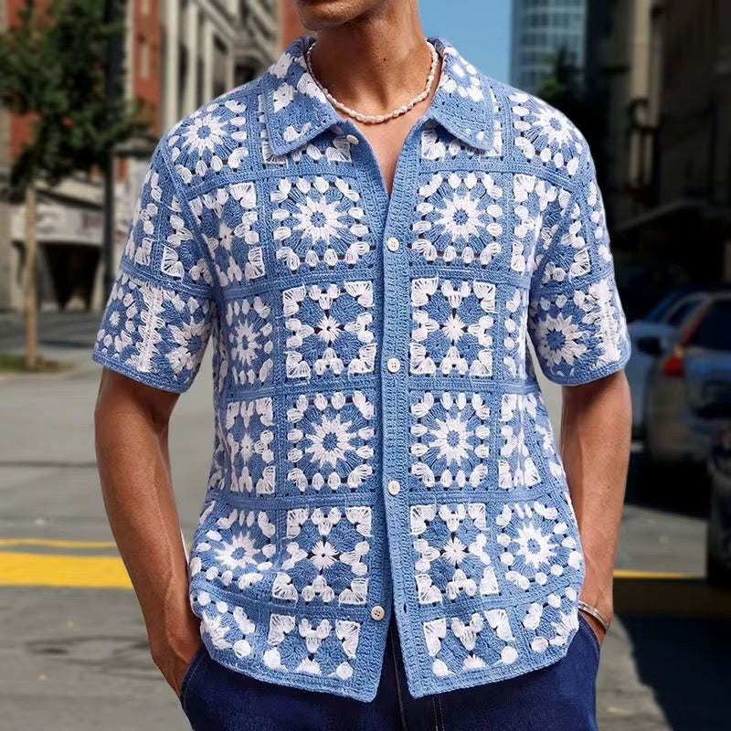 Sky Mosaic Crochet Shirt – Blue & White