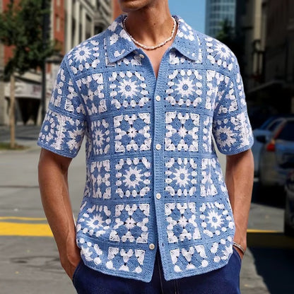 Sky Mosaic Crochet Shirt – Blue & White