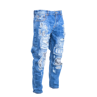 Men Vintage Distressed Ripped Straight Cut Non Stretch Denim Jeans.