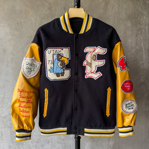 Men Design Fashion Varsity CF Graphic Patch Jacket.