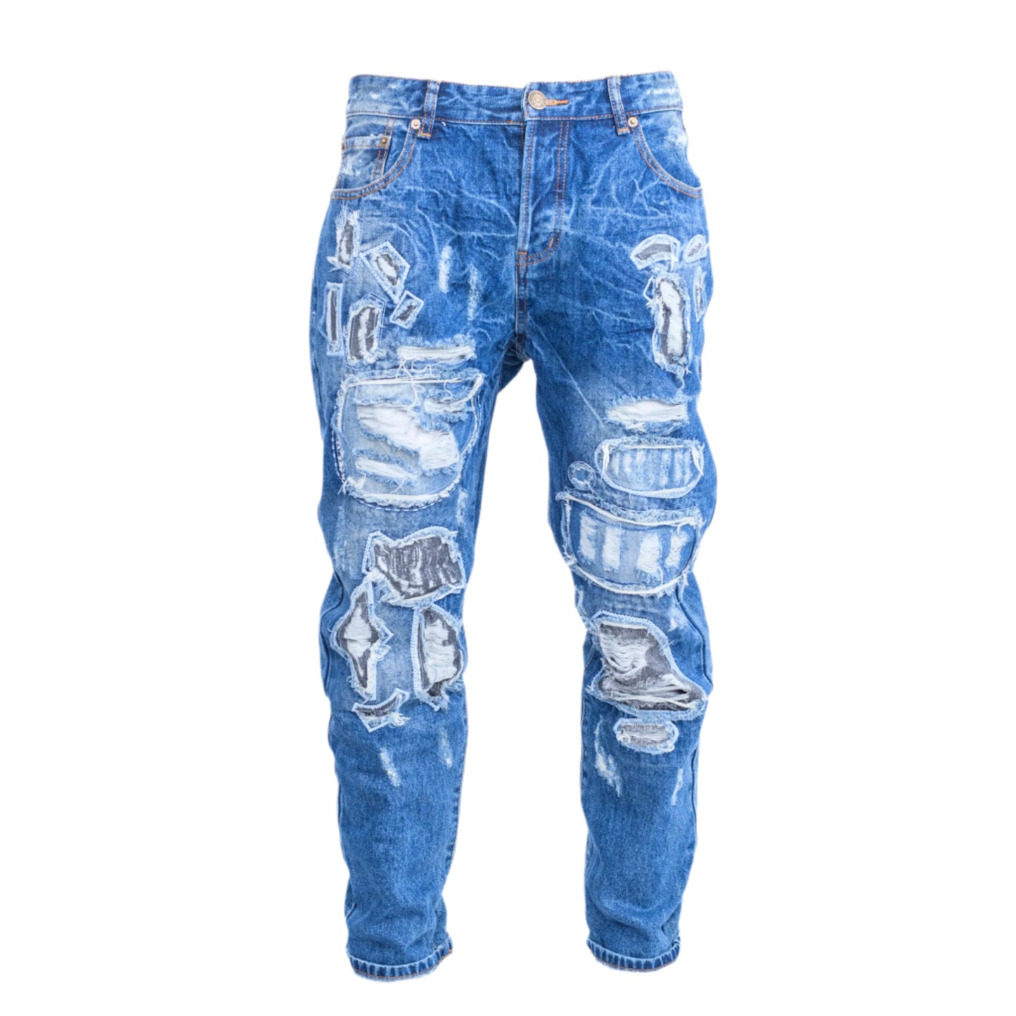 Men Vintage Distressed Ripped Straight Cut Non Stretch Denim Jeans.