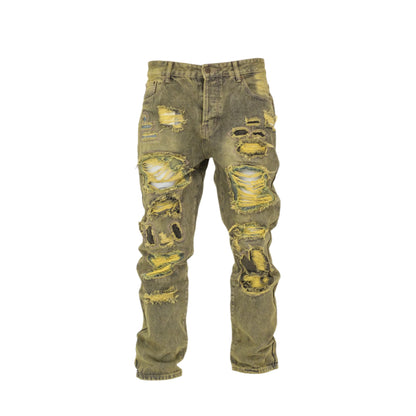 Men Vintage Distressed Ripped Straight Cut Non Stretch Denim Jeans.
