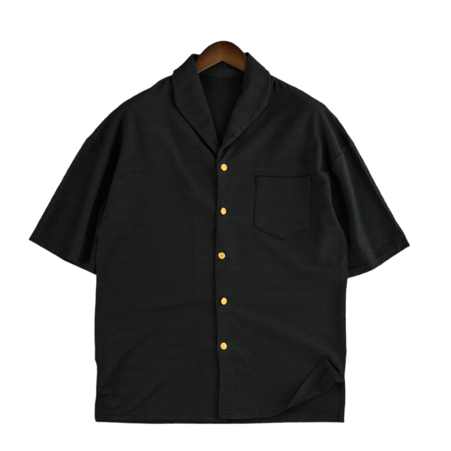 Short-Sleeve Textured Button-Up Shirt with Golden Accents