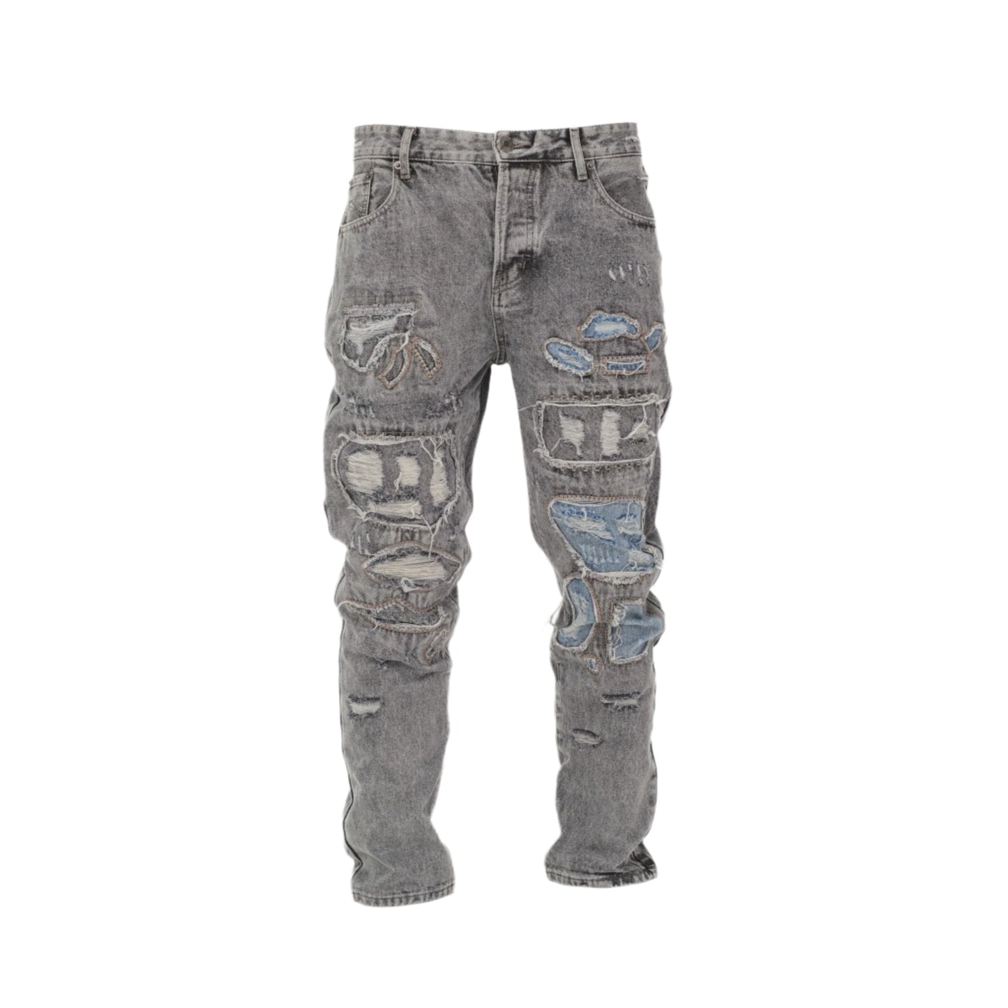 Men Vintage Distressed Ripped Straight Cut Non Stretch Denim Jeans.