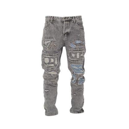 Men Vintage Distressed Ripped Straight Cut Non Stretch Denim Jeans.