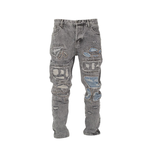 Men Vintage Distressed Ripped Straight Cut Non Stretch Denim Jeans.