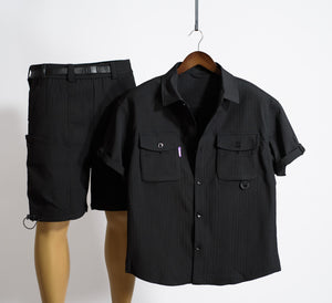 Men 1pc Flap Pocket Shirt & 1pc Belted Cargo Short