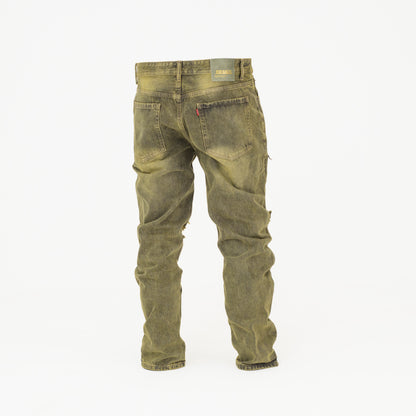 Men Vintage Distressed Ripped Straight Cut Non Stretch Denim Jeans.