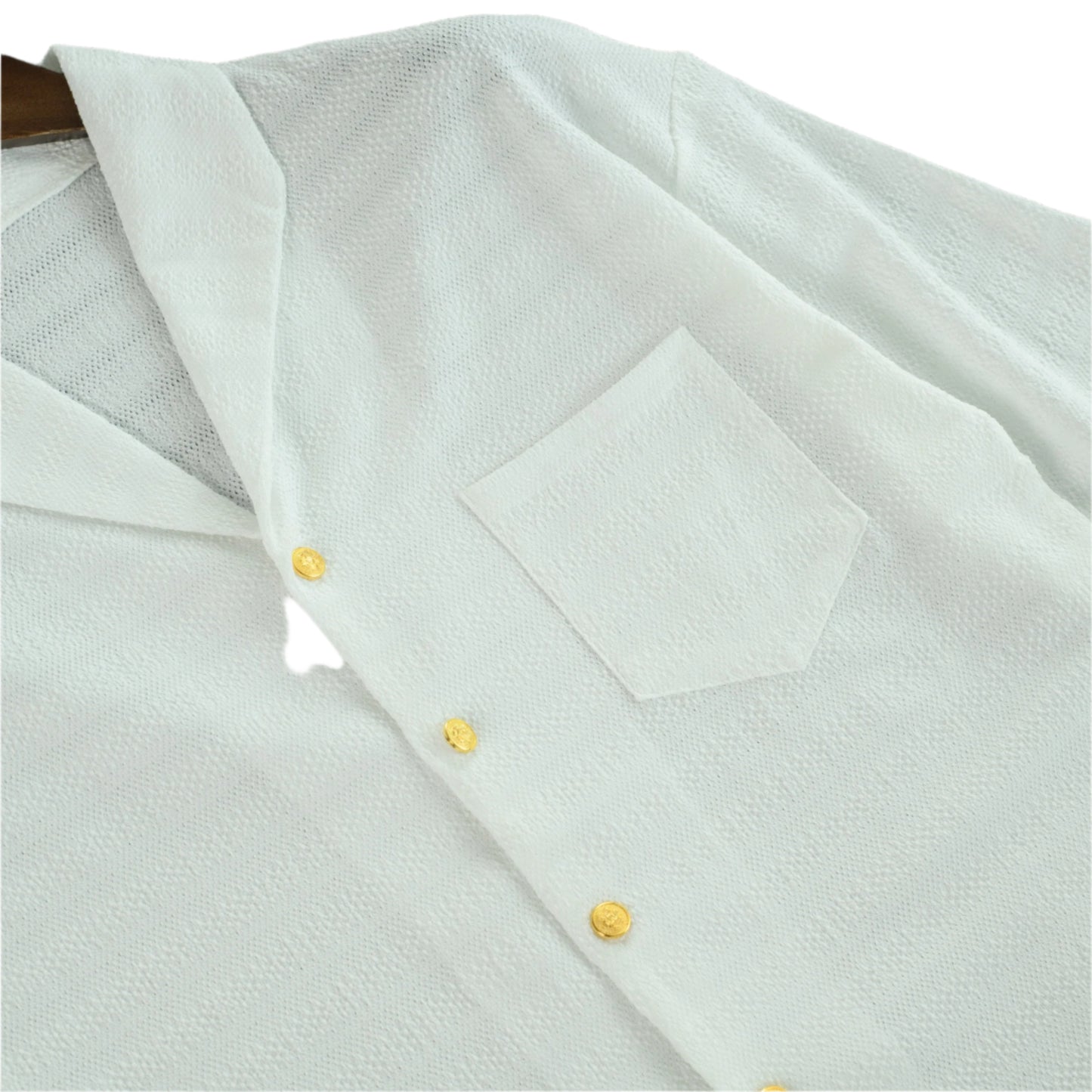 Short-Sleeve Textured Button-Up Shirt with Golden Accents