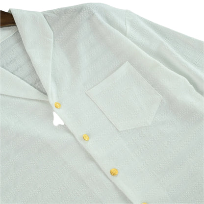 Short-Sleeve Textured Button-Up Shirt with Golden Accents