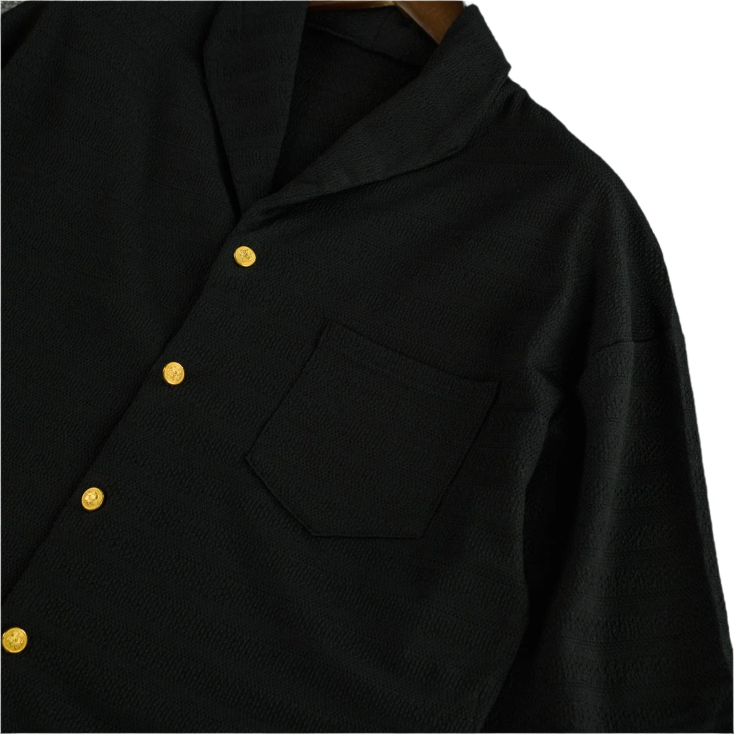 Short-Sleeve Textured Button-Up Shirt with Golden Accents