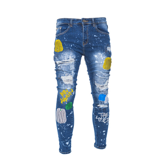 Men Colour Embroidery Skinny Denim Jeans