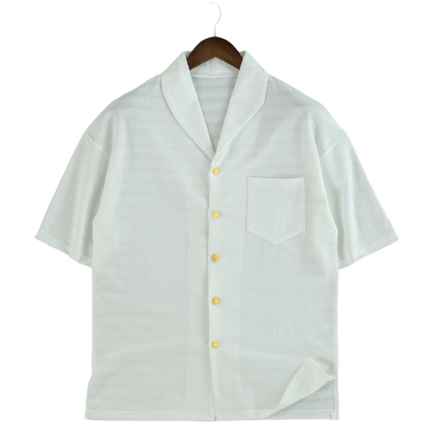 Short-Sleeve Textured Button-Up Shirt with Golden Accents