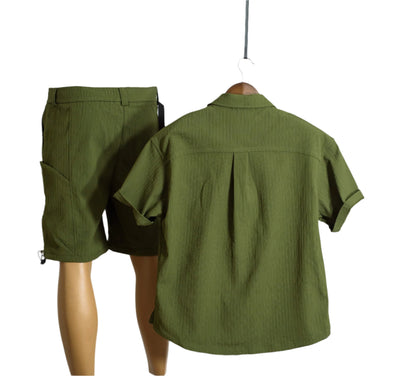 Men 1pc Flap Pocket Shirt & 1pc Belted Cargo Short